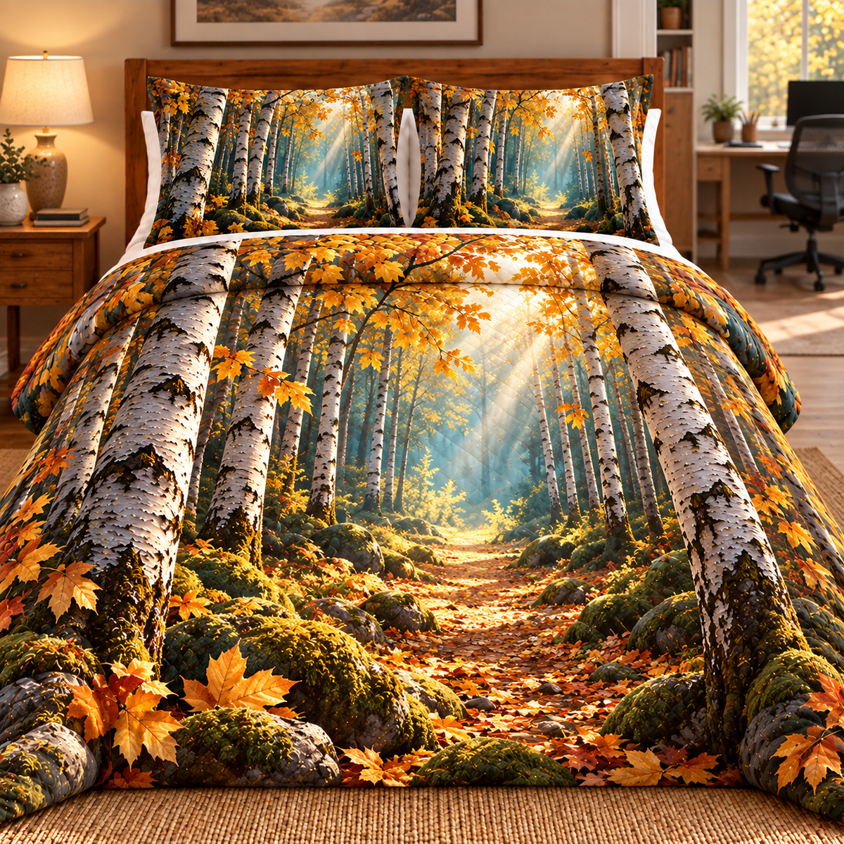 Birch Grove Office Backdrop Quilted Bedding Set with printed optical 3D artwork in its use setting
