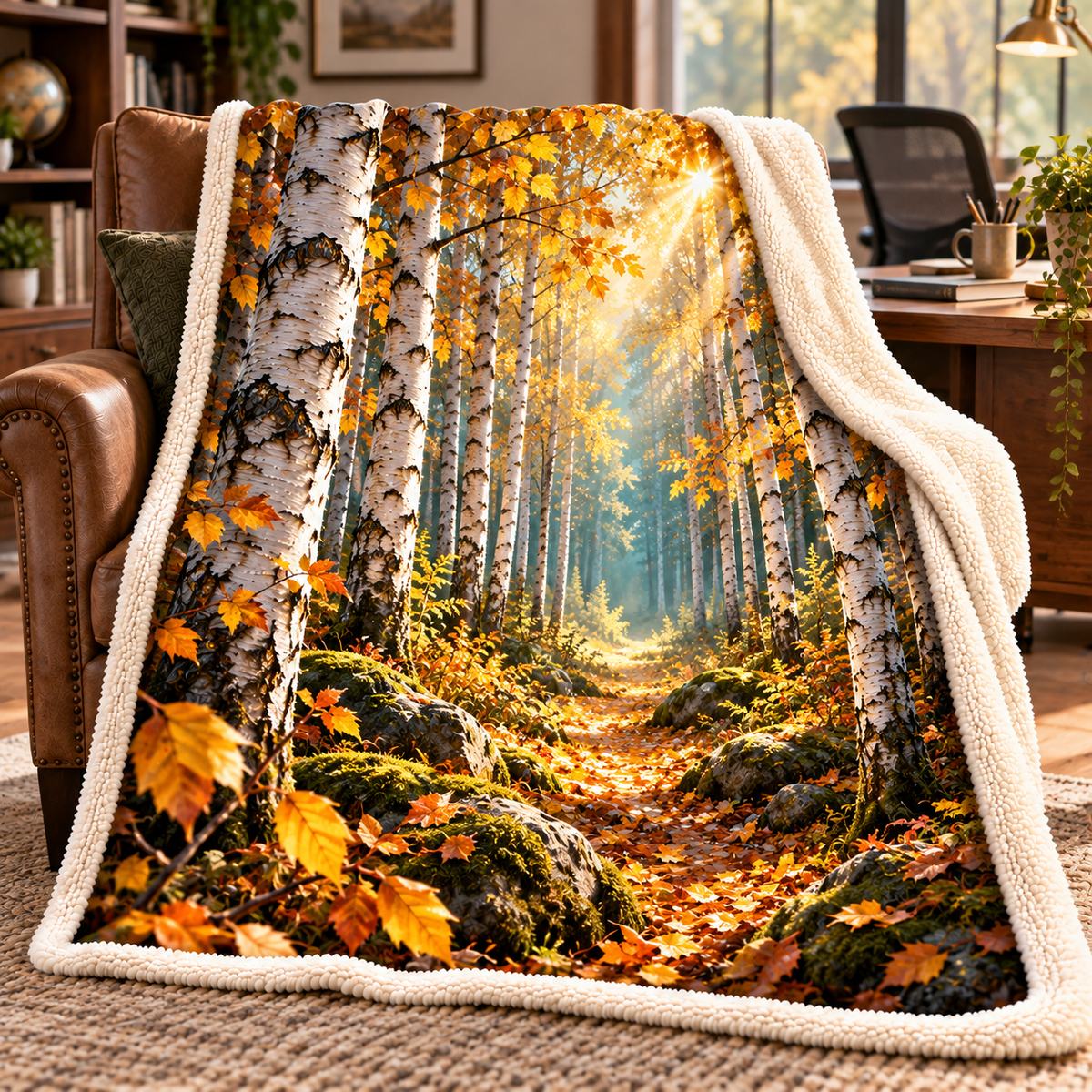 Birch Grove Office Backdrop Sherpa & Fleece Blanket with printed optical 3D artwork in its use setting