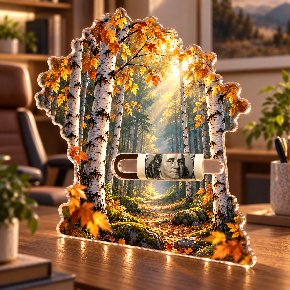 Birch Grove Office Backdrop Acrylic Cash Holder Ornament with printed optical 3D artwork in its use setting