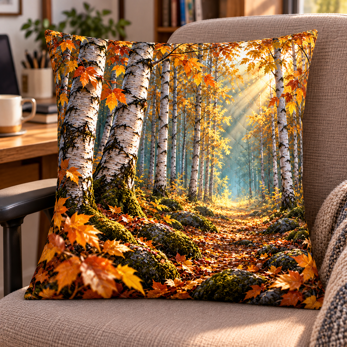 Birch Grove Office Backdrop Quilted Cushion Cover with printed optical 3D artwork in its use setting