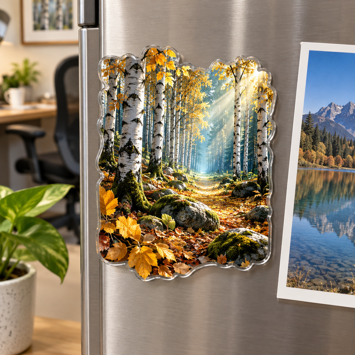 Birch Grove Office Backdrop Acrylic Refrigerator Magnet with printed optical 3D artwork in its use setting