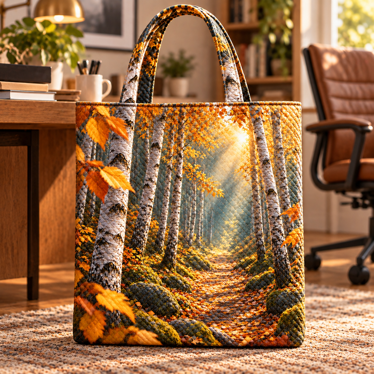 Birch Grove Office Backdrop Quilted Tote Bag with printed optical 3D artwork in its use setting