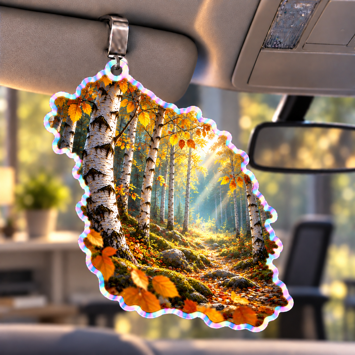 Birch Grove Office Backdrop Holographic Car Visor Clip with printed optical 3D artwork in its use setting