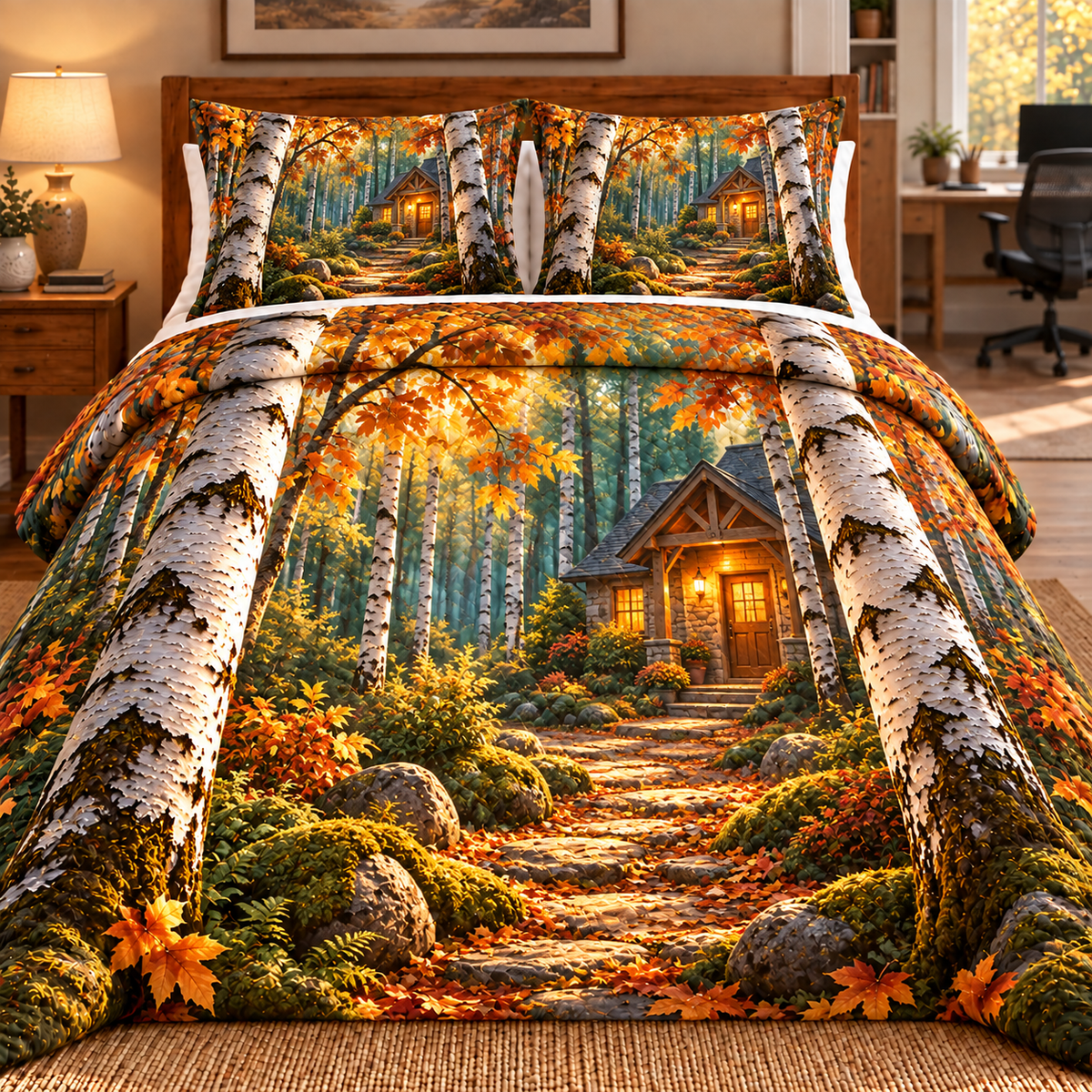 Birch Grove Housewarming Quilted Bedding Set with printed optical 3D artwork in its use setting