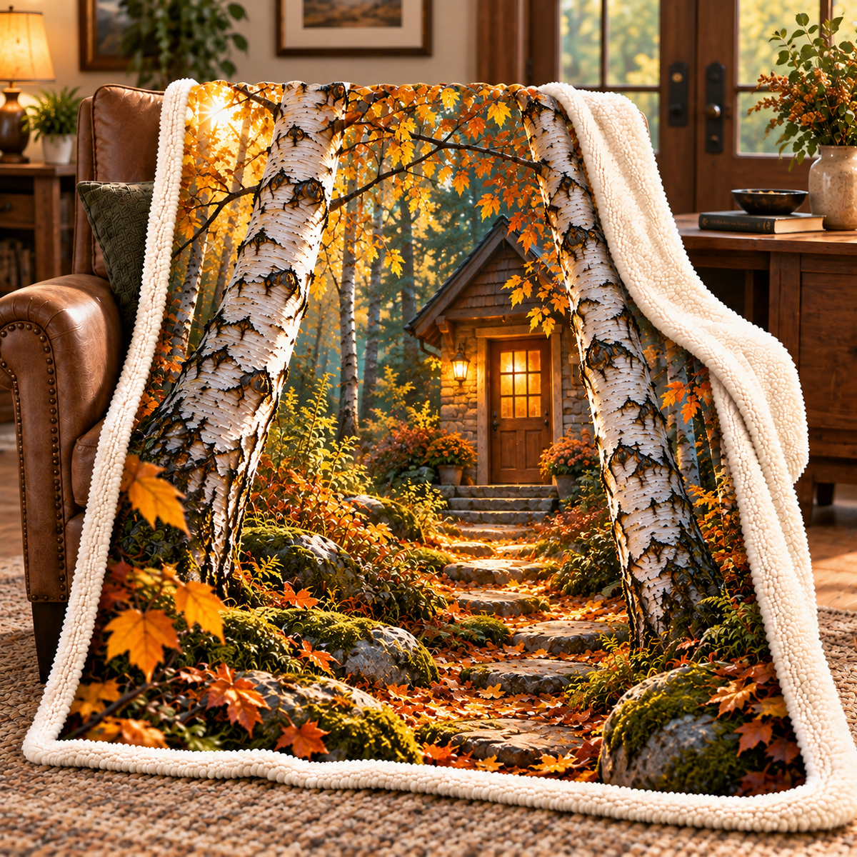 Birch Grove Housewarming Sherpa & Fleece Blanket with printed optical 3D artwork in its use setting