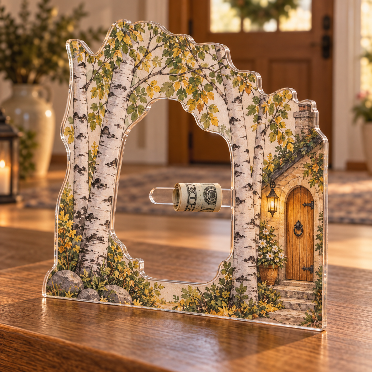 Birch Grove Housewarming Acrylic Cash Holder Ornament with printed optical 3D artwork in its use setting