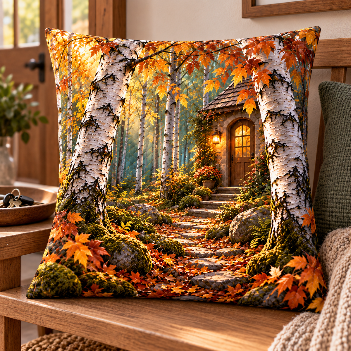 Birch Grove Housewarming Quilted Cushion Cover with printed optical 3D artwork in its use setting