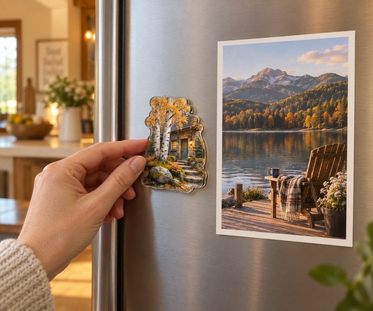 Birch Grove Housewarming Acrylic Refrigerator Magnet with printed optical 3D artwork in its use setting