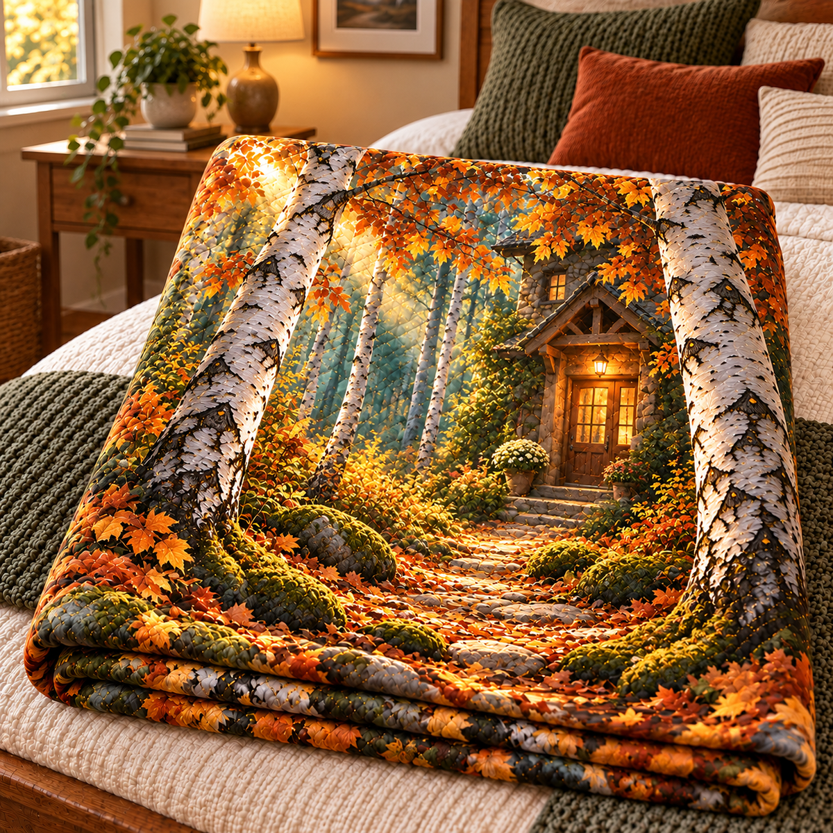 Birch Grove Housewarming Quilt Blanket with printed optical 3D artwork in its use setting
