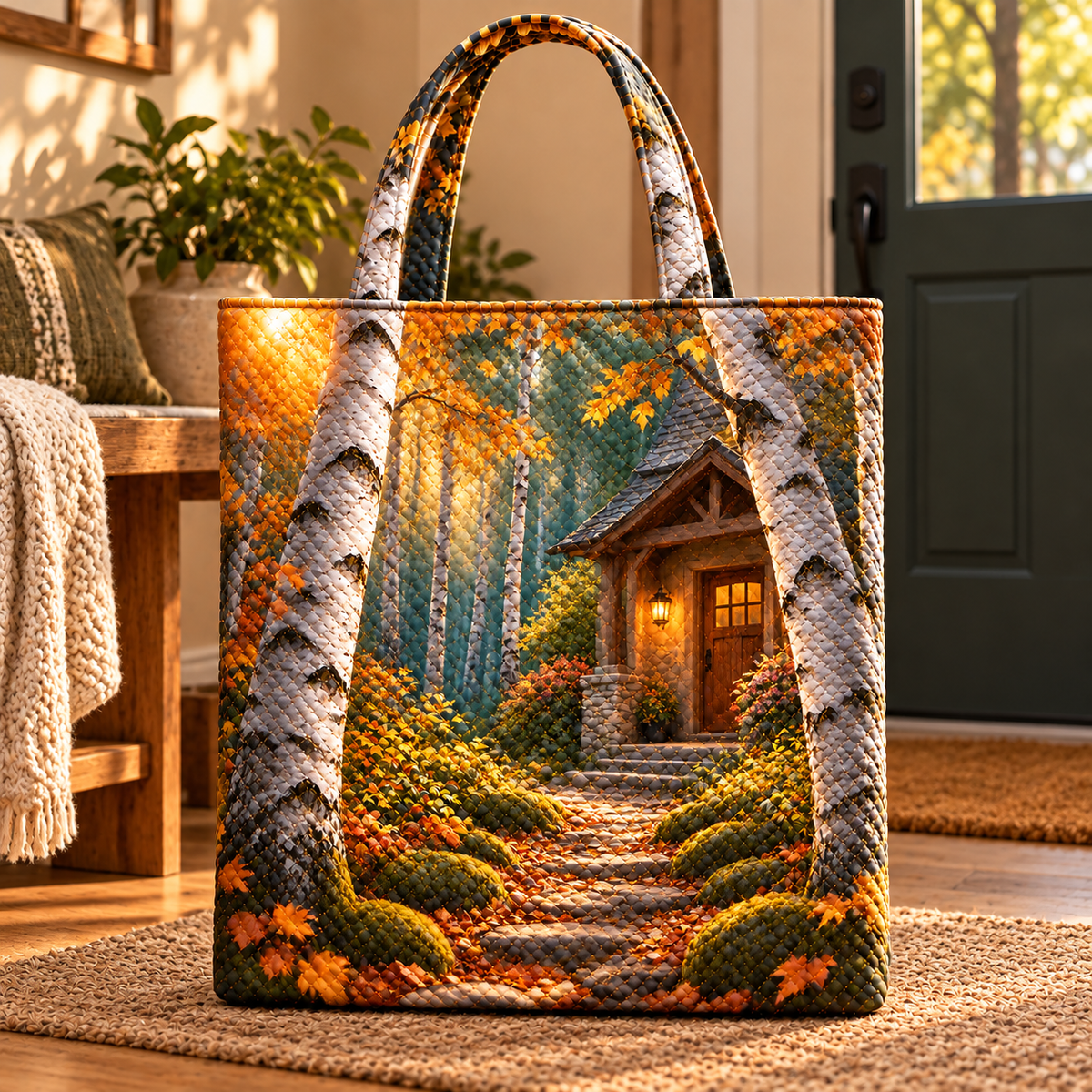 Birch Grove Housewarming Quilted Tote Bag with printed optical 3D artwork in its use setting