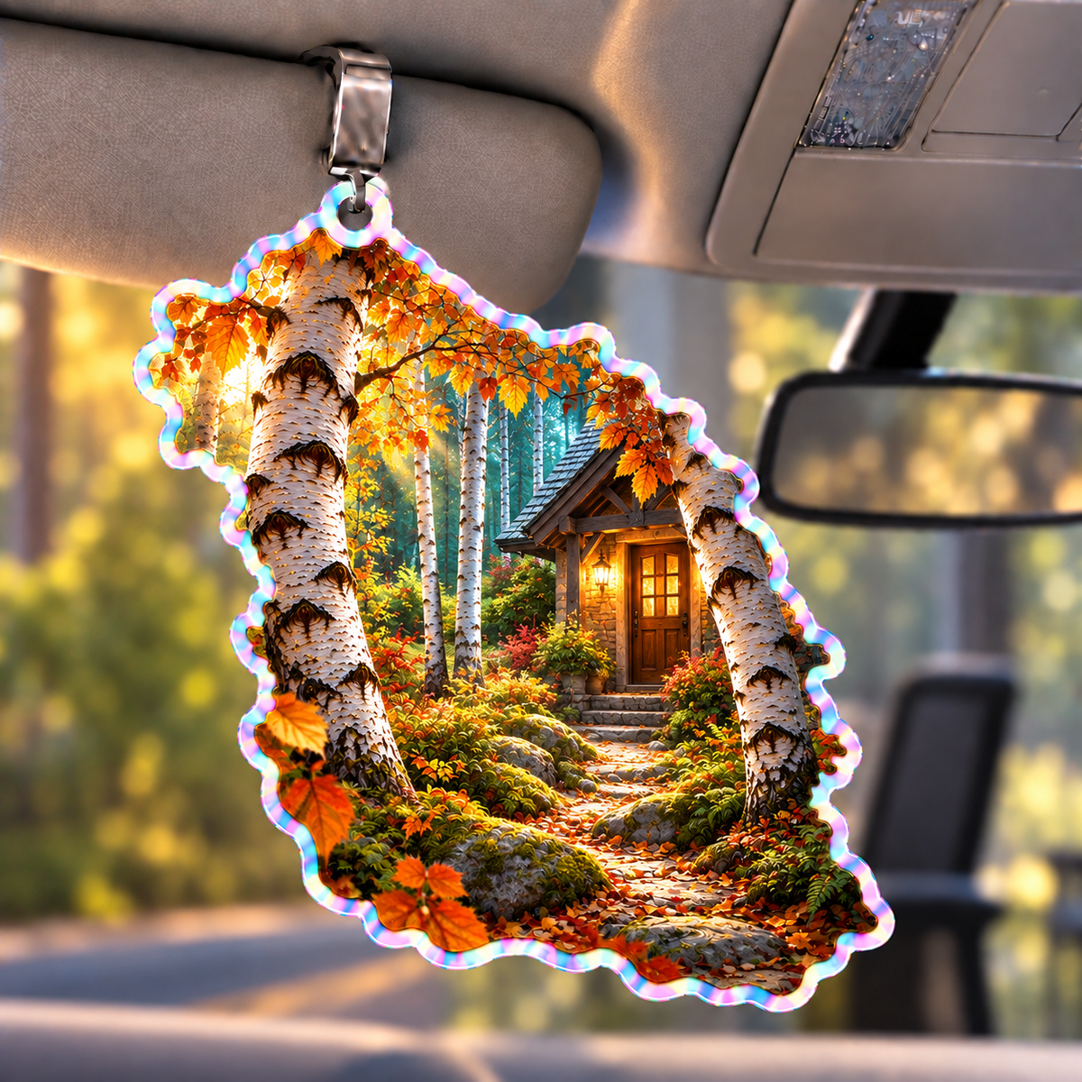 Birch Grove Housewarming Holographic Car Visor Clip with printed optical 3D artwork in its use setting