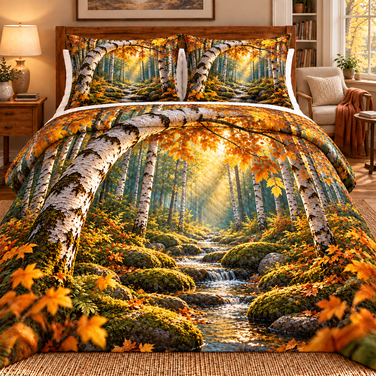 Birch Grove Quiet Corner Quilted Bedding Set with printed optical 3D artwork in its use setting