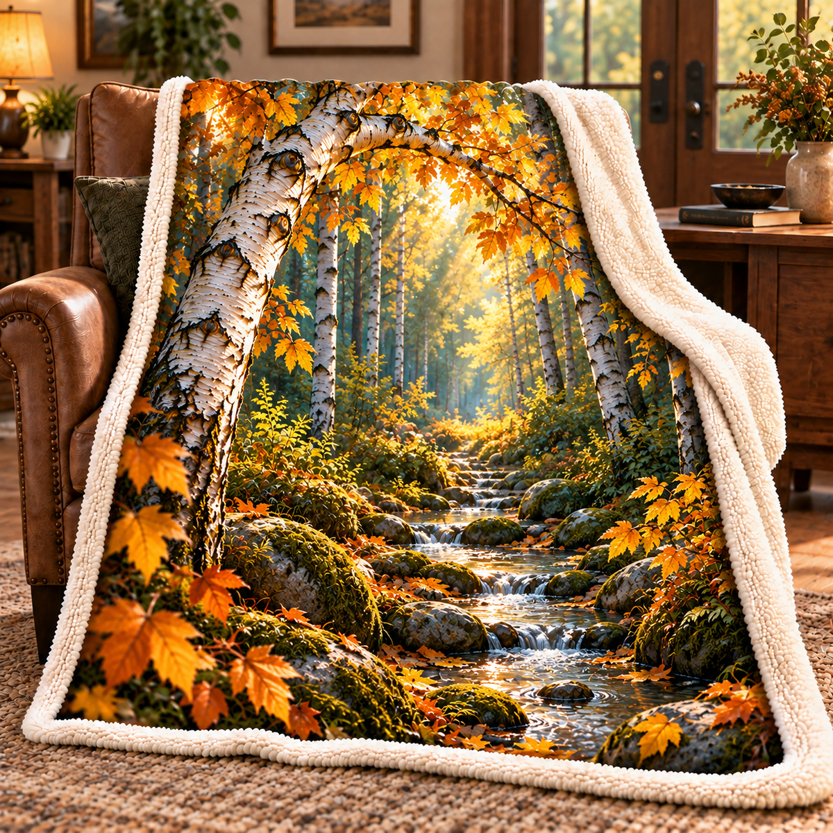 Birch Grove Quiet Corner Sherpa & Fleece Blanket with printed optical 3D artwork in its use setting