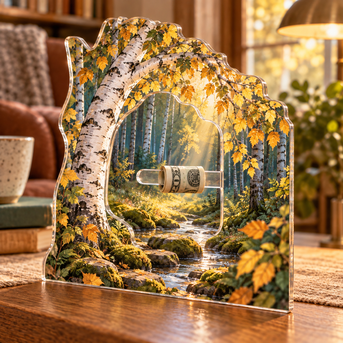 Birch Grove Quiet Corner Acrylic Cash Holder Ornament with printed optical 3D artwork in its use setting