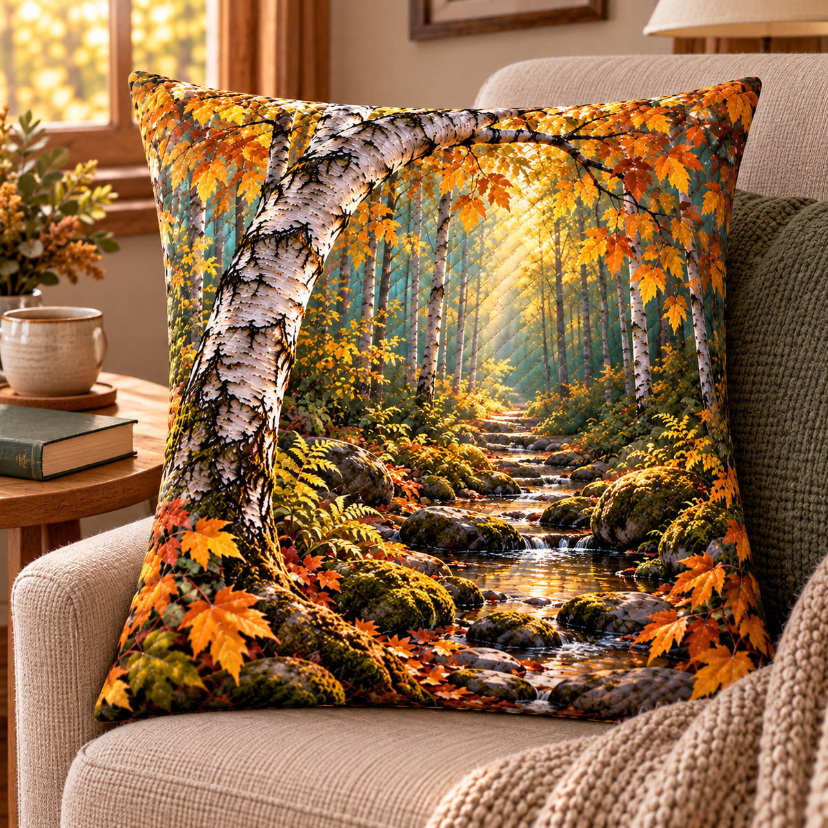 Birch Grove Quiet Corner Quilted Cushion Cover with printed optical 3D artwork in its use setting