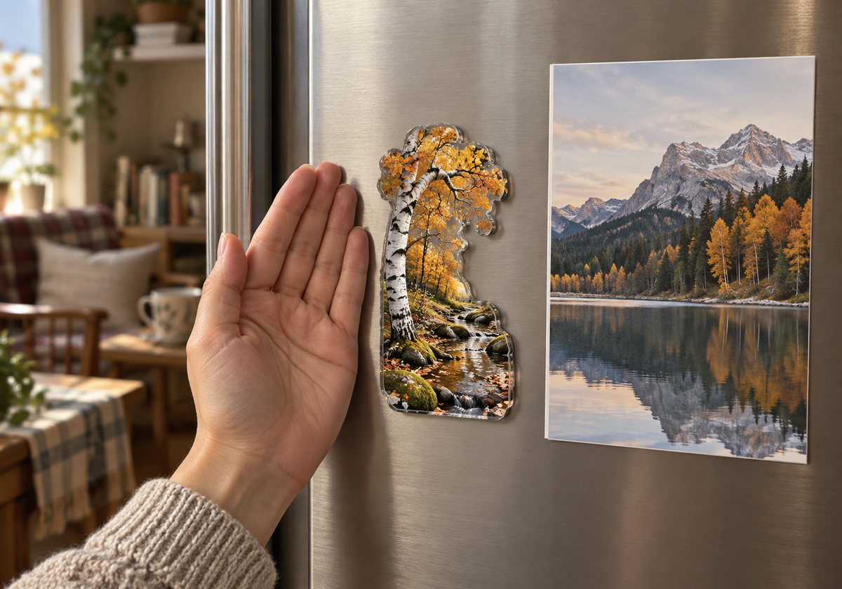Birch Grove Quiet Corner Acrylic Refrigerator Magnet with printed optical 3D artwork in its use setting