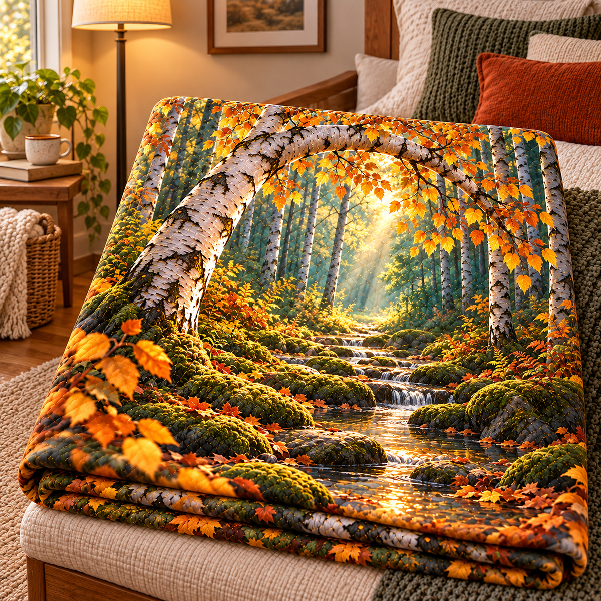 Birch Grove Quiet Corner Quilt Blanket with printed optical 3D artwork in its use setting