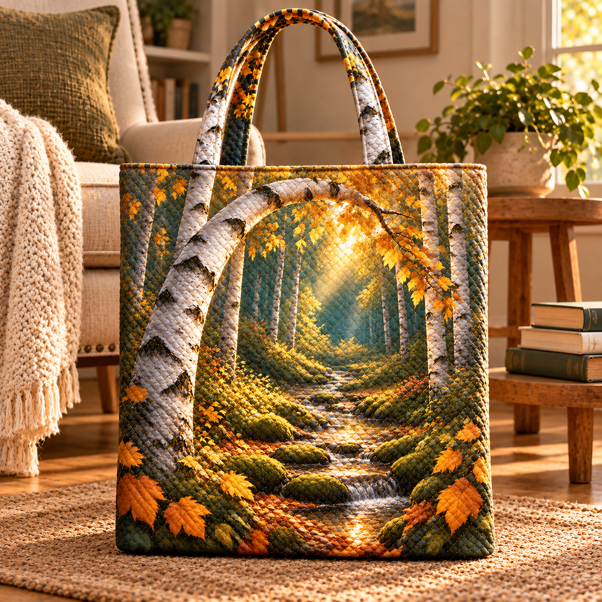 Birch Grove Quiet Corner Quilted Tote Bag with printed optical 3D artwork in its use setting