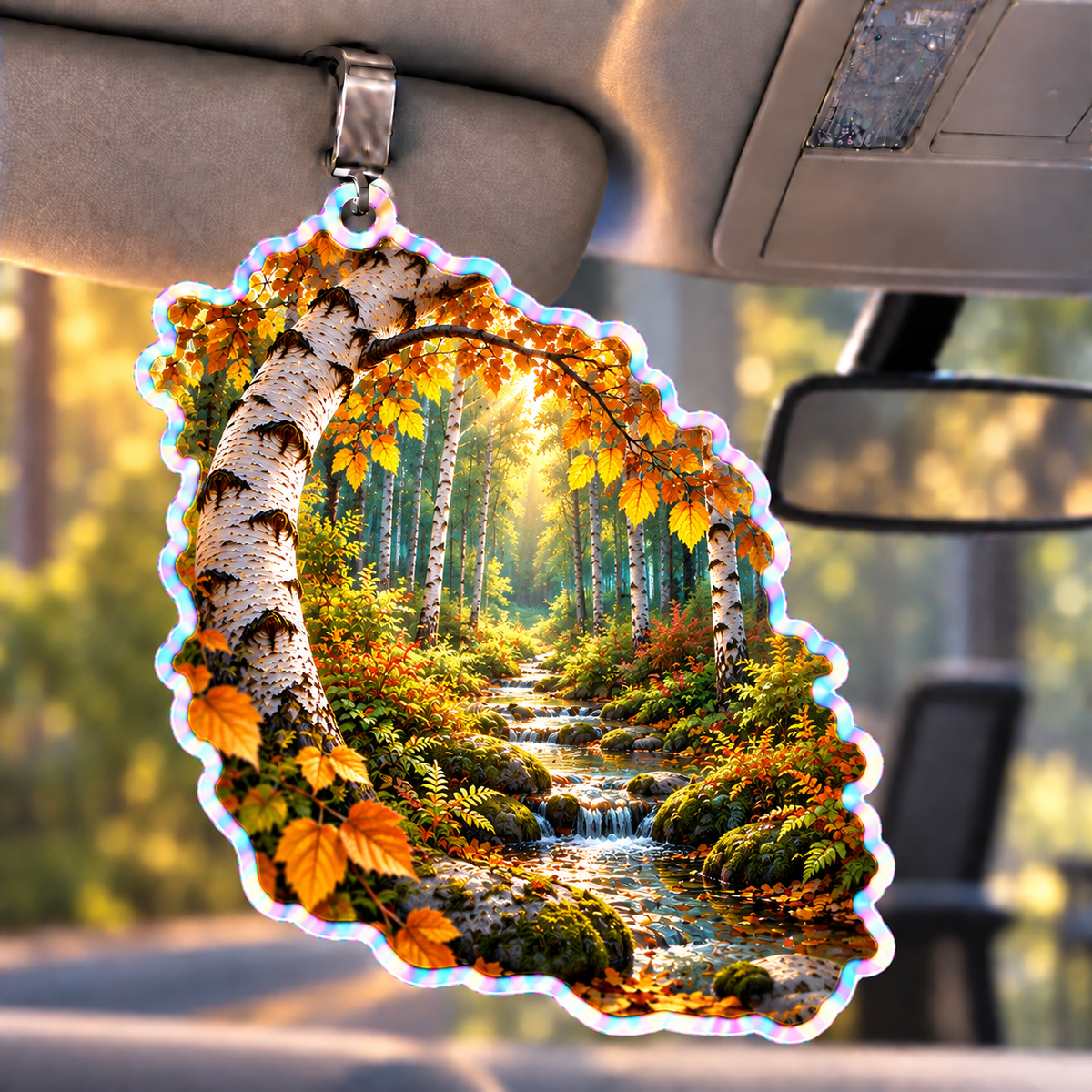 Birch Grove Quiet Corner Holographic Car Visor Clip with printed optical 3D artwork in its use setting