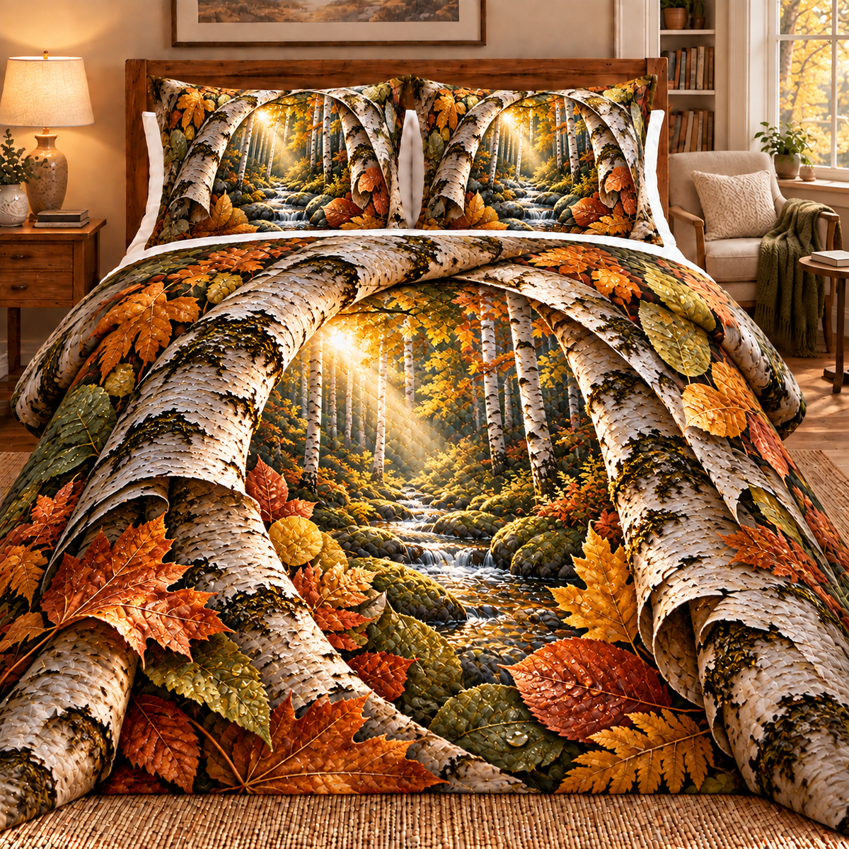 Birch Grove Collector Keepsake Quilted Bedding Set with printed optical 3D artwork in its use setting