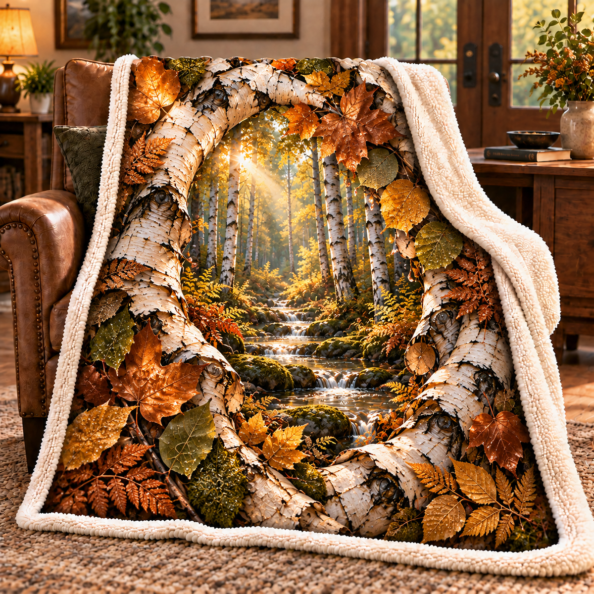 Birch Grove Collector Keepsake Sherpa & Fleece Blanket with printed optical 3D artwork in its use setting