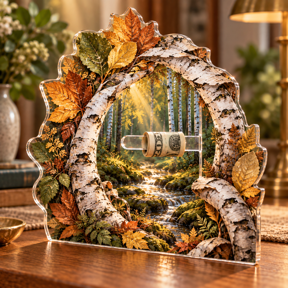 Birch Grove Collector Keepsake Acrylic Cash Holder Ornament with printed optical 3D artwork in its use setting