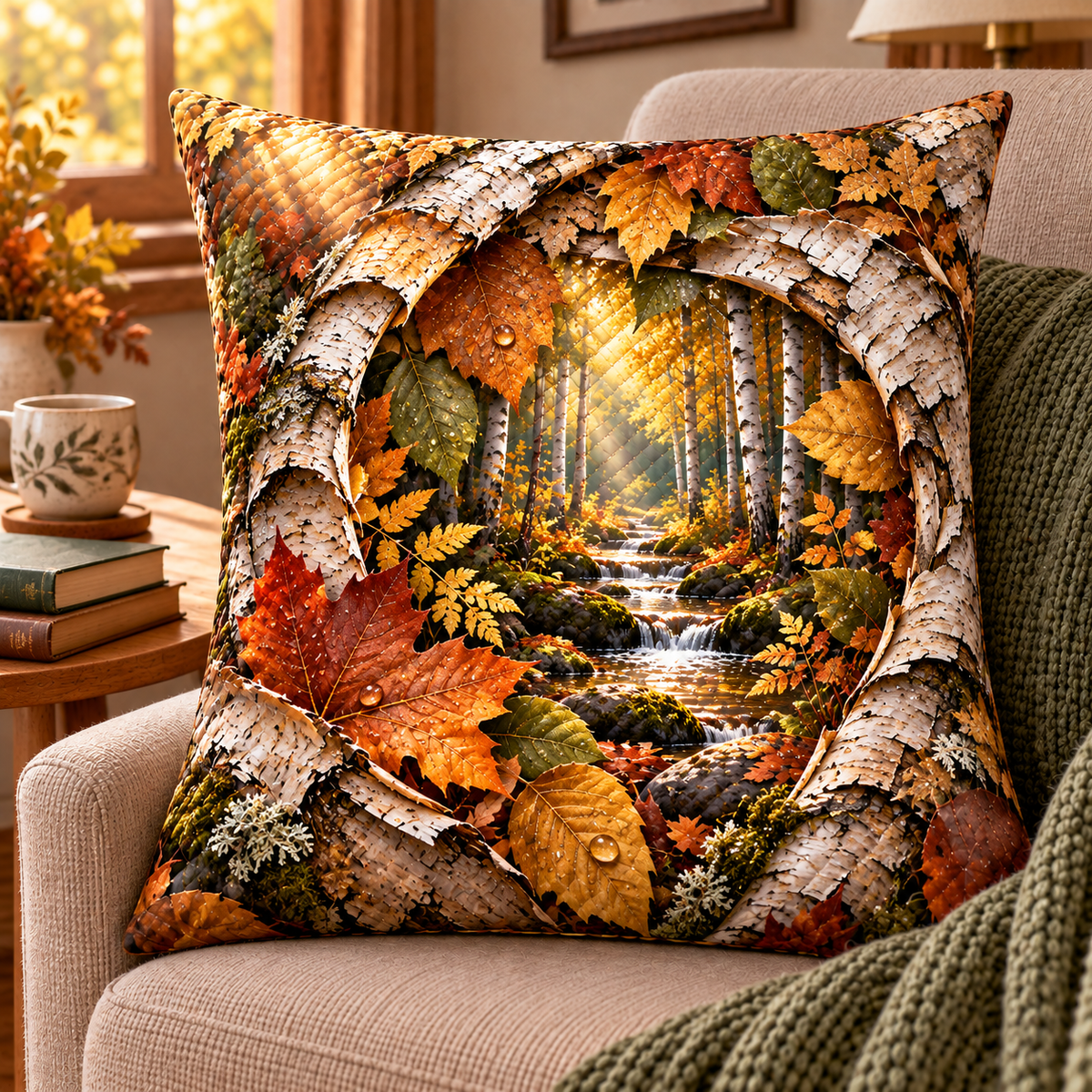 Birch Grove Collector Keepsake Quilted Cushion Cover with printed optical 3D artwork in its use setting