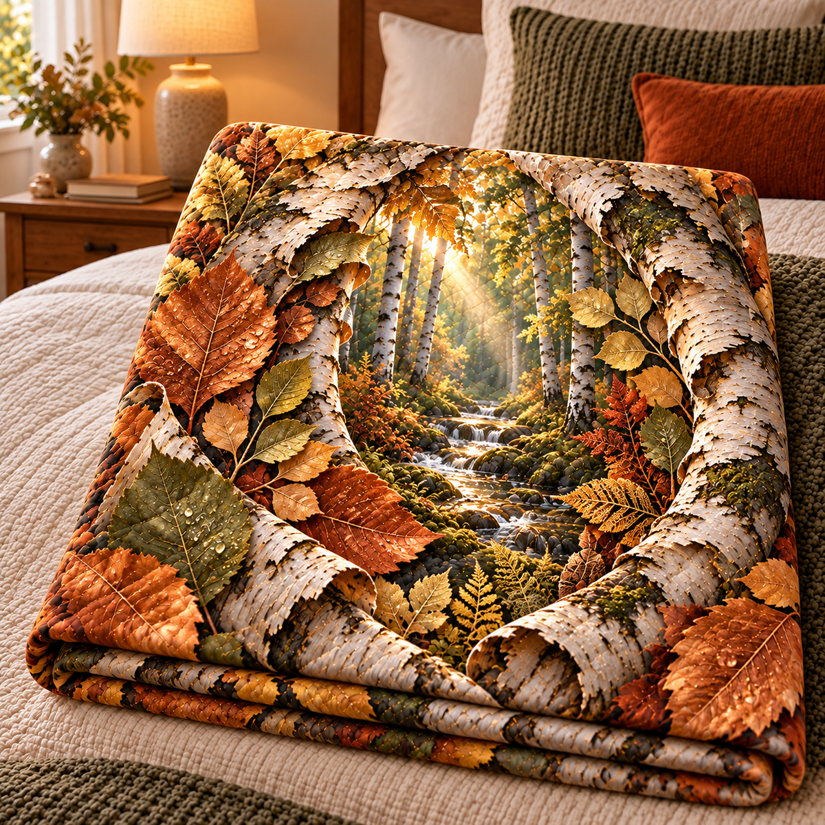 Birch Grove Collector Keepsake Quilt Blanket with printed optical 3D artwork in its use setting