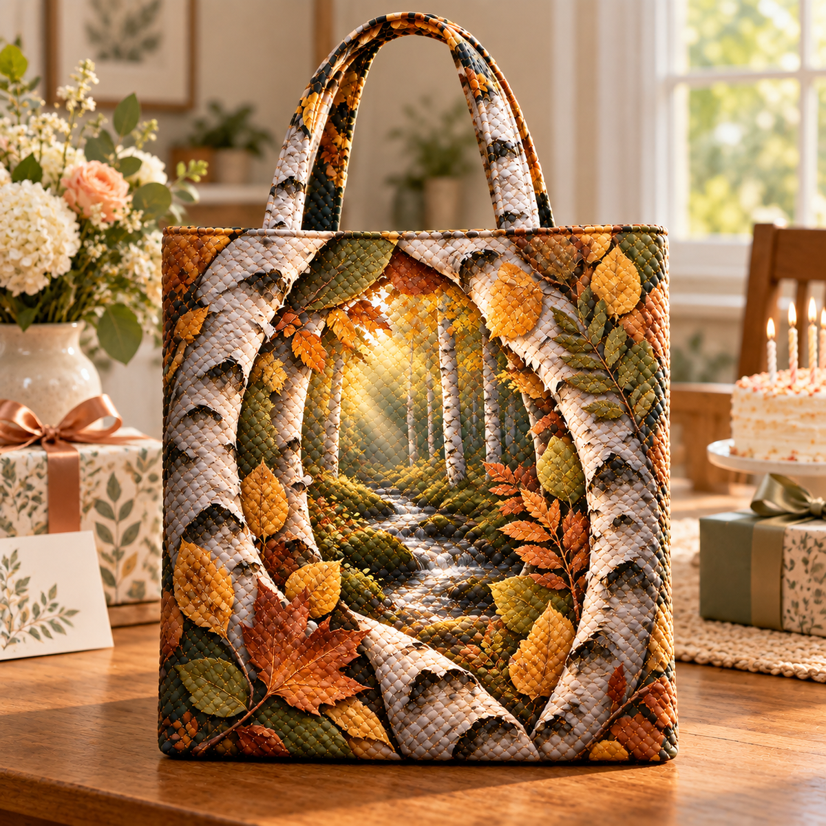 Birch Grove Collector Keepsake Quilted Tote Bag with printed optical 3D artwork in its use setting