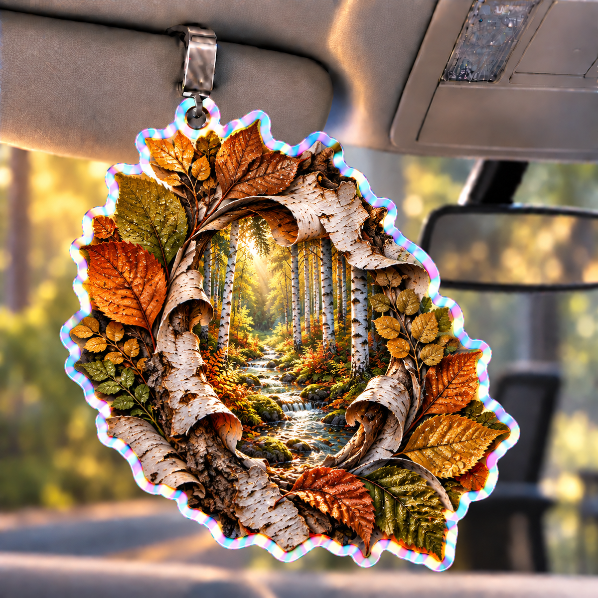 Birch Grove Collector Keepsake Holographic Car Visor Clip with printed optical 3D artwork in its use setting