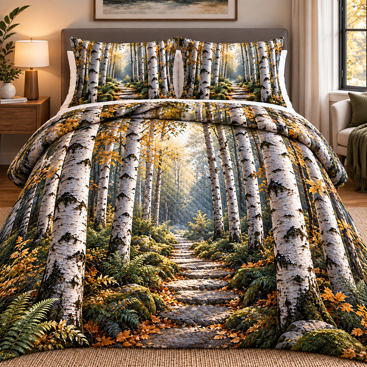 Birch Grove Gallery Wall Quilted Bedding Set with printed optical 3D artwork in its use setting