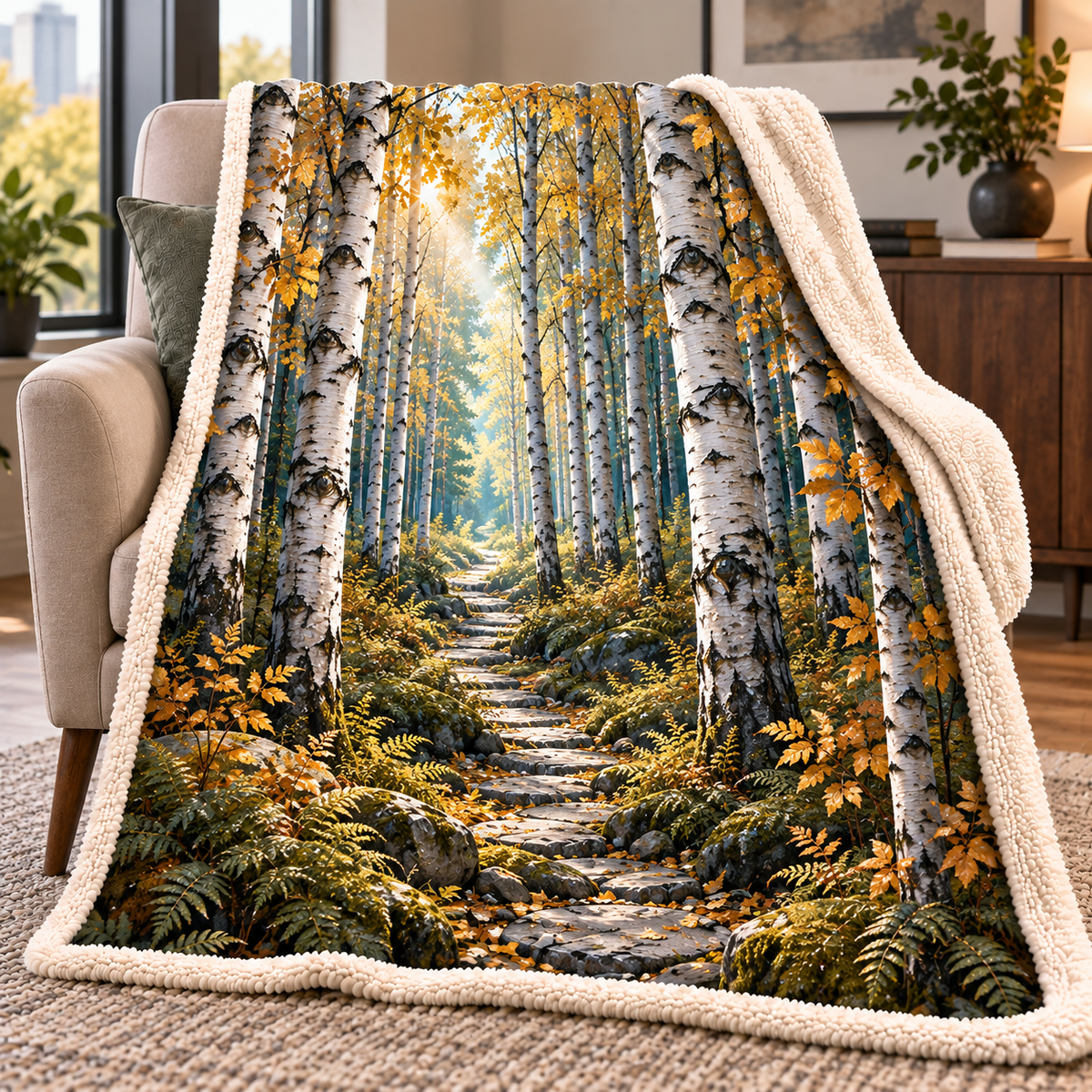 Birch Grove Gallery Wall Sherpa & Fleece Blanket with printed optical 3D artwork in its use setting