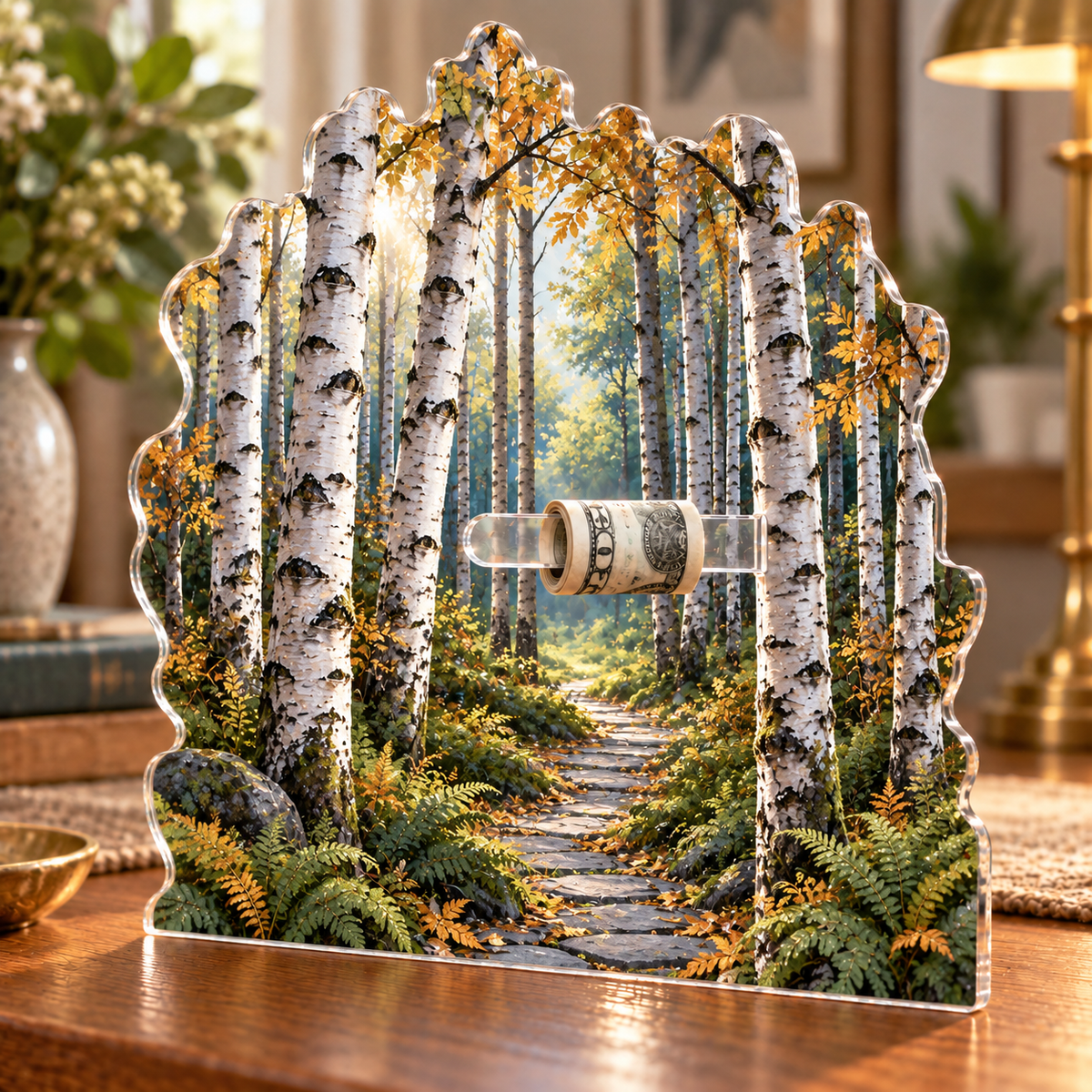 Birch Grove Gallery Wall Acrylic Cash Holder Ornament with printed optical 3D artwork in its use setting