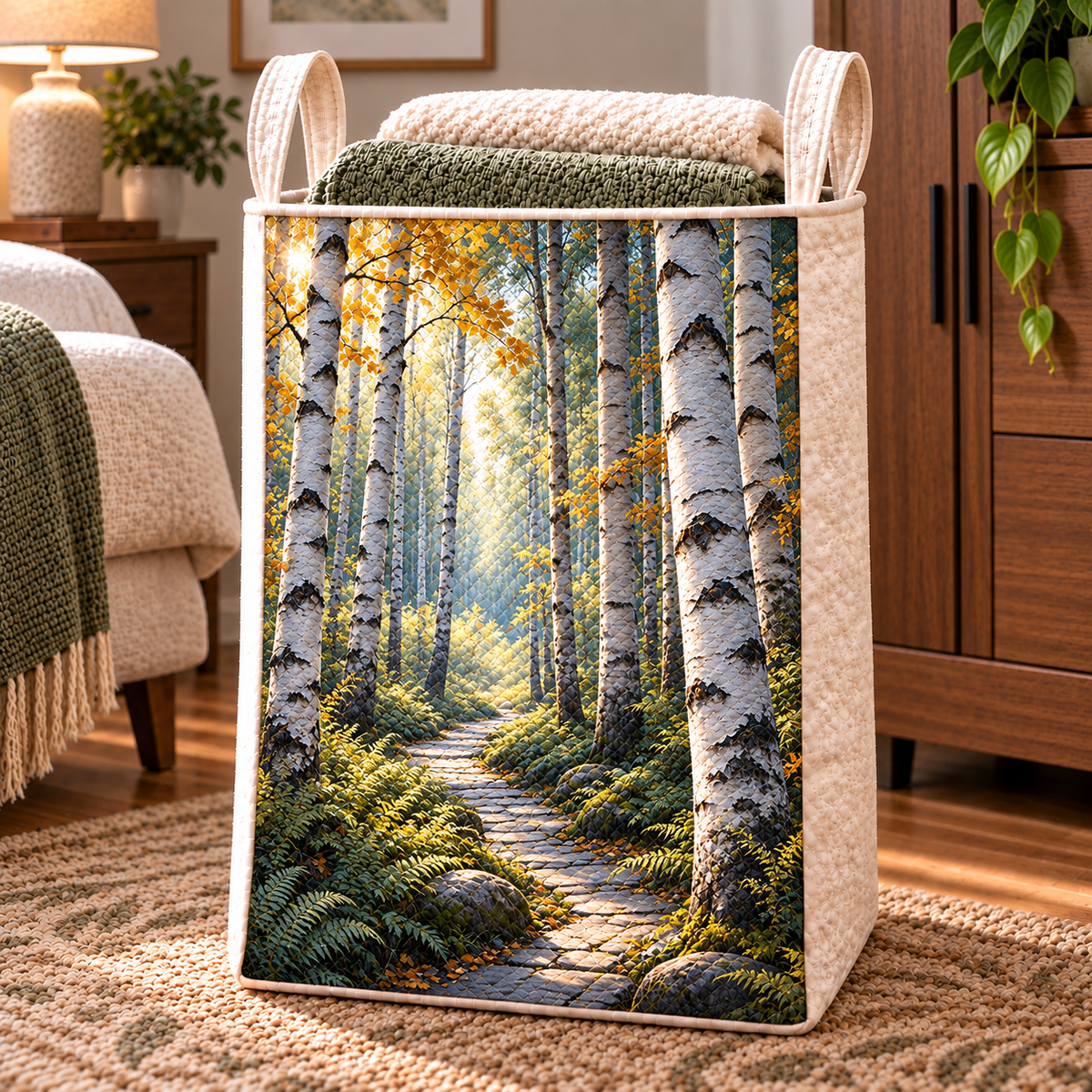 Birch Grove Gallery Wall Laundry Hamper with printed optical 3D artwork in its use setting