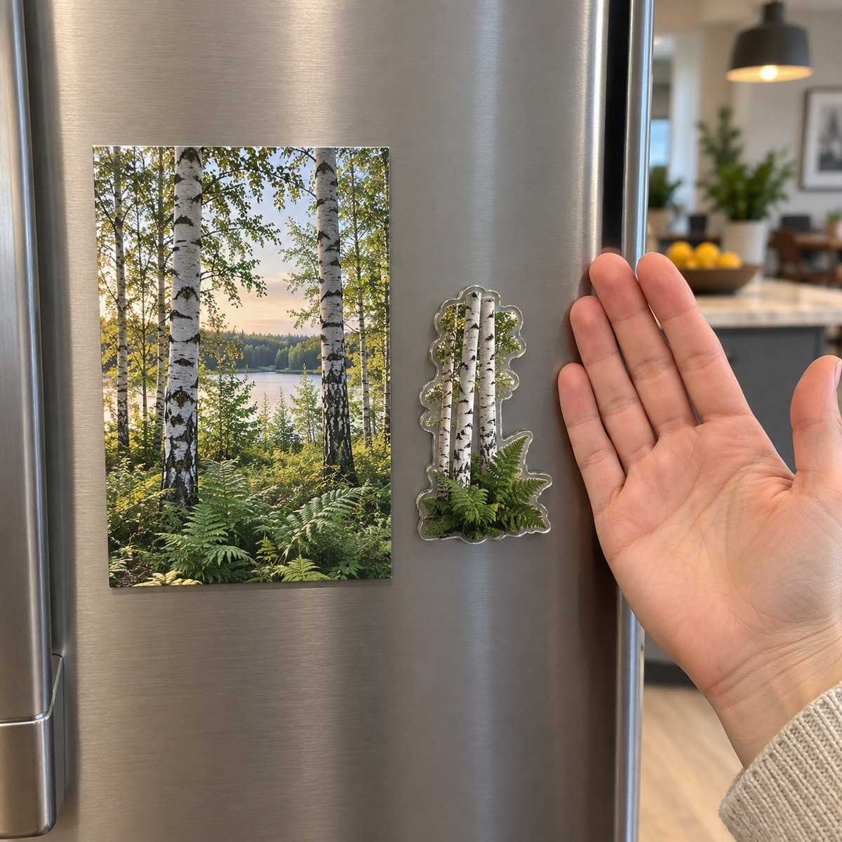 Birch Grove Gallery Wall Acrylic Refrigerator Magnet with printed optical 3D artwork in its use setting