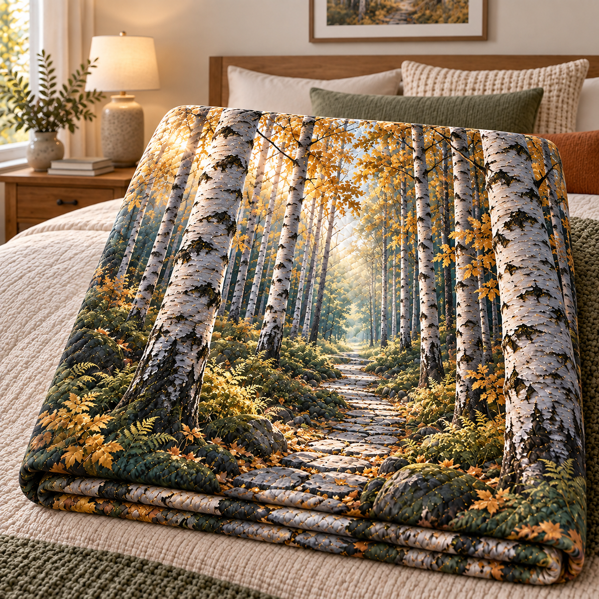 Birch Grove Gallery Wall Quilt Blanket with printed optical 3D artwork in its use setting