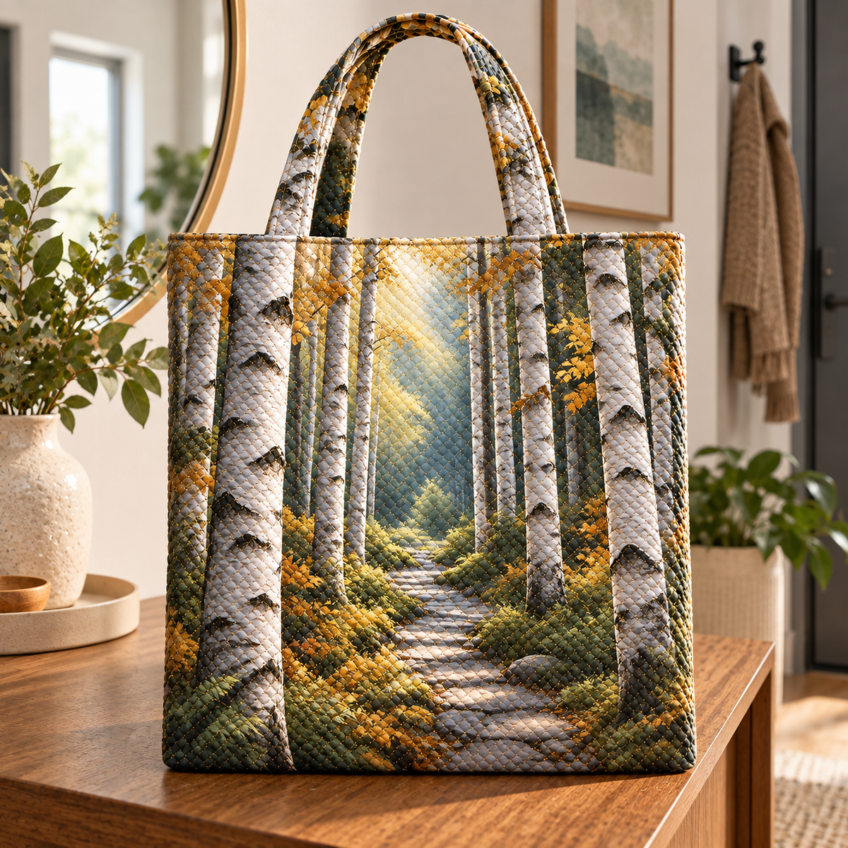 Birch Grove Gallery Wall Quilted Tote Bag with printed optical 3D artwork in its use setting