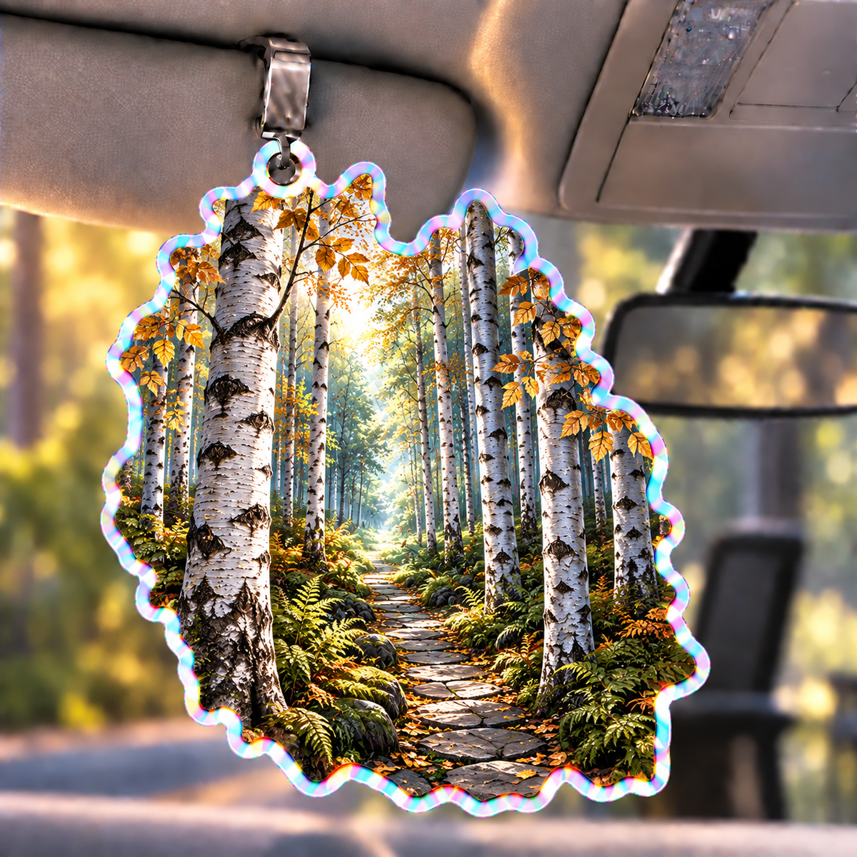 Birch Grove Gallery Wall Holographic Car Visor Clip with printed optical 3D artwork in its use setting