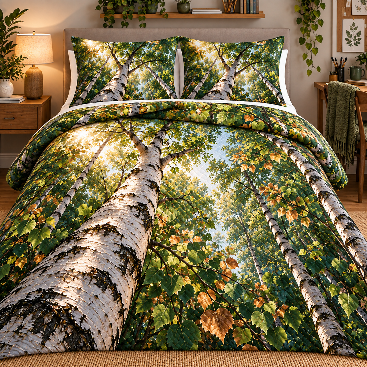 Birch Grove Maker Studio Quilted Bedding Set with printed optical 3D artwork in its use setting