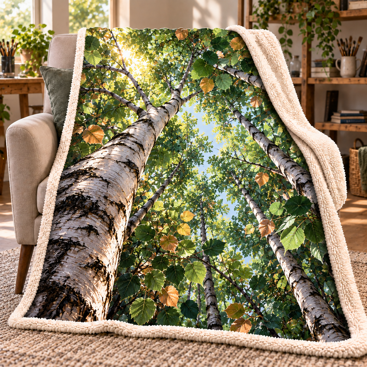 Birch Grove Maker Studio Sherpa & Fleece Blanket with printed optical 3D artwork in its use setting
