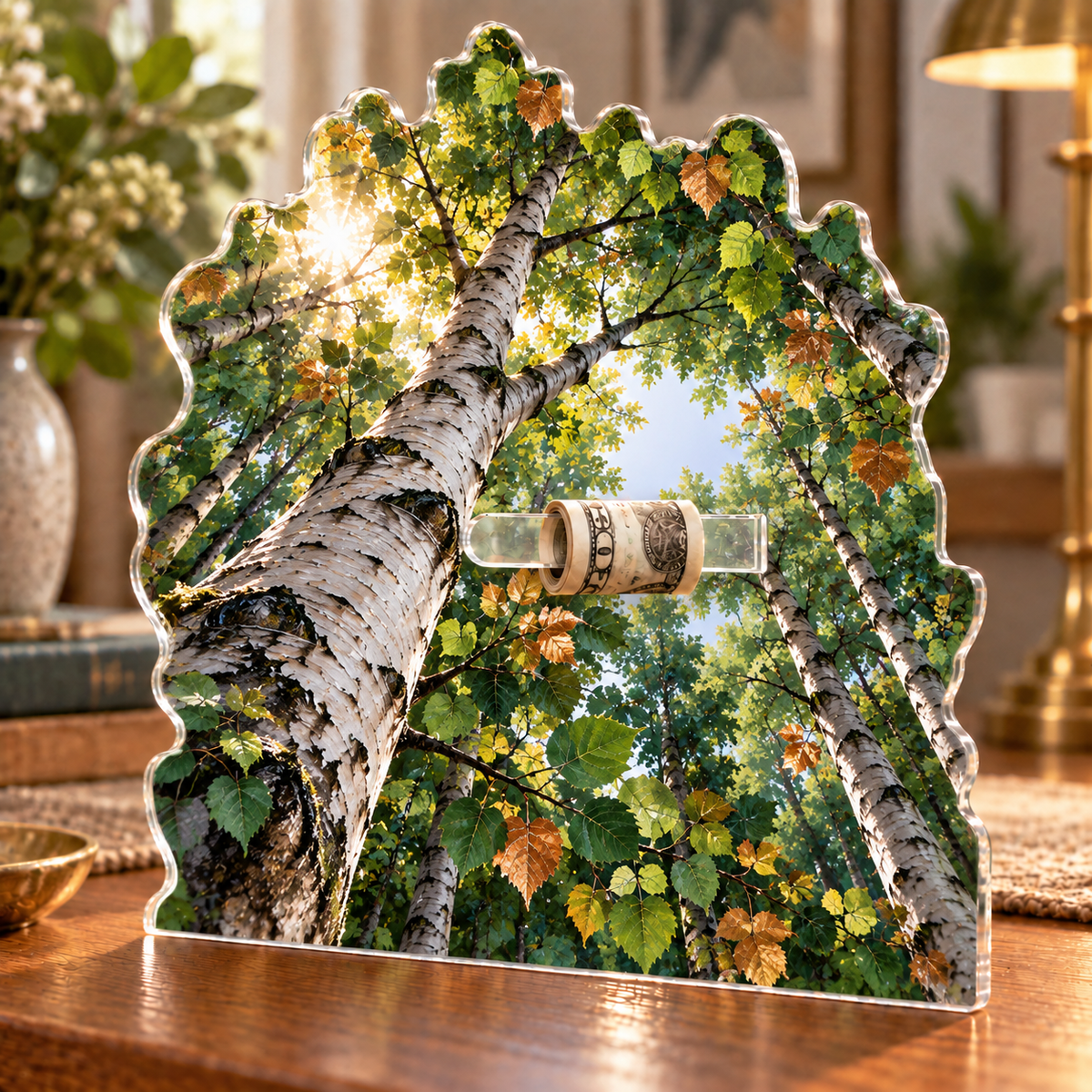 Birch Grove Maker Studio Acrylic Cash Holder Ornament with printed optical 3D artwork in its use setting