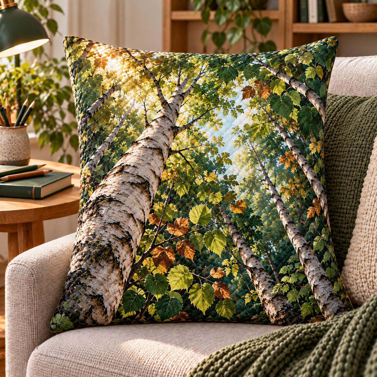 Birch Grove Maker Studio Quilted Cushion Cover with printed optical 3D artwork in its use setting