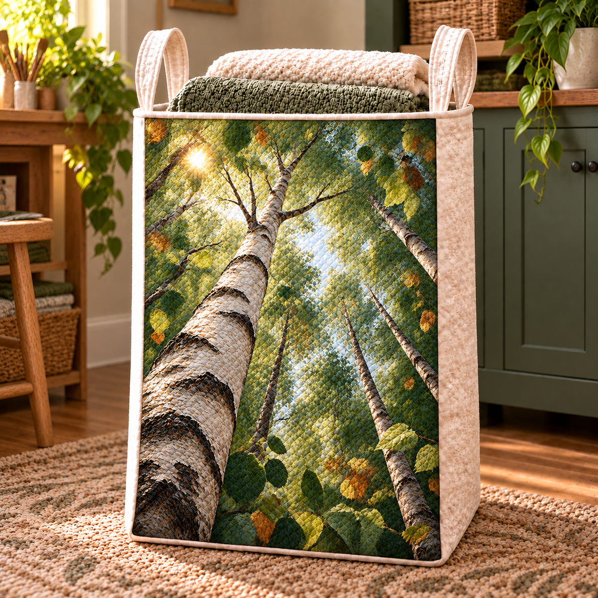 Birch Grove Maker Studio Laundry Hamper with printed optical 3D artwork in its use setting