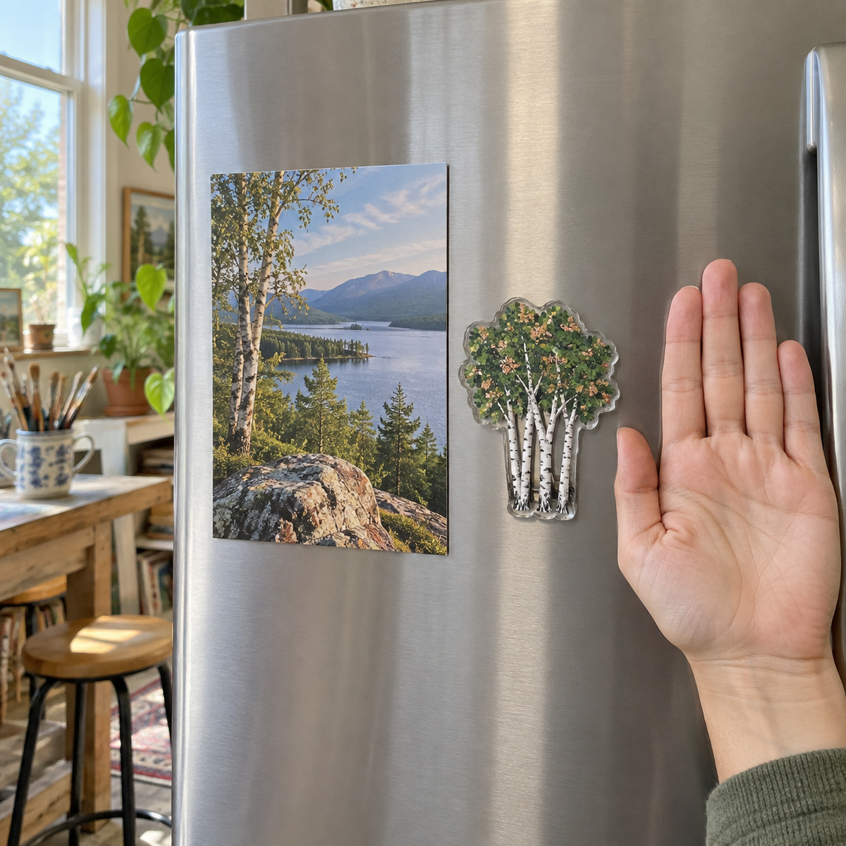 Birch Grove Maker Studio Acrylic Refrigerator Magnet with printed optical 3D artwork in its use setting