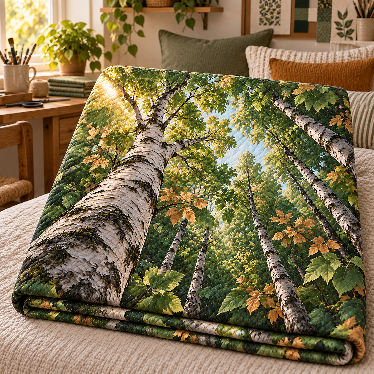 Birch Grove Maker Studio Quilt Blanket with printed optical 3D artwork in its use setting