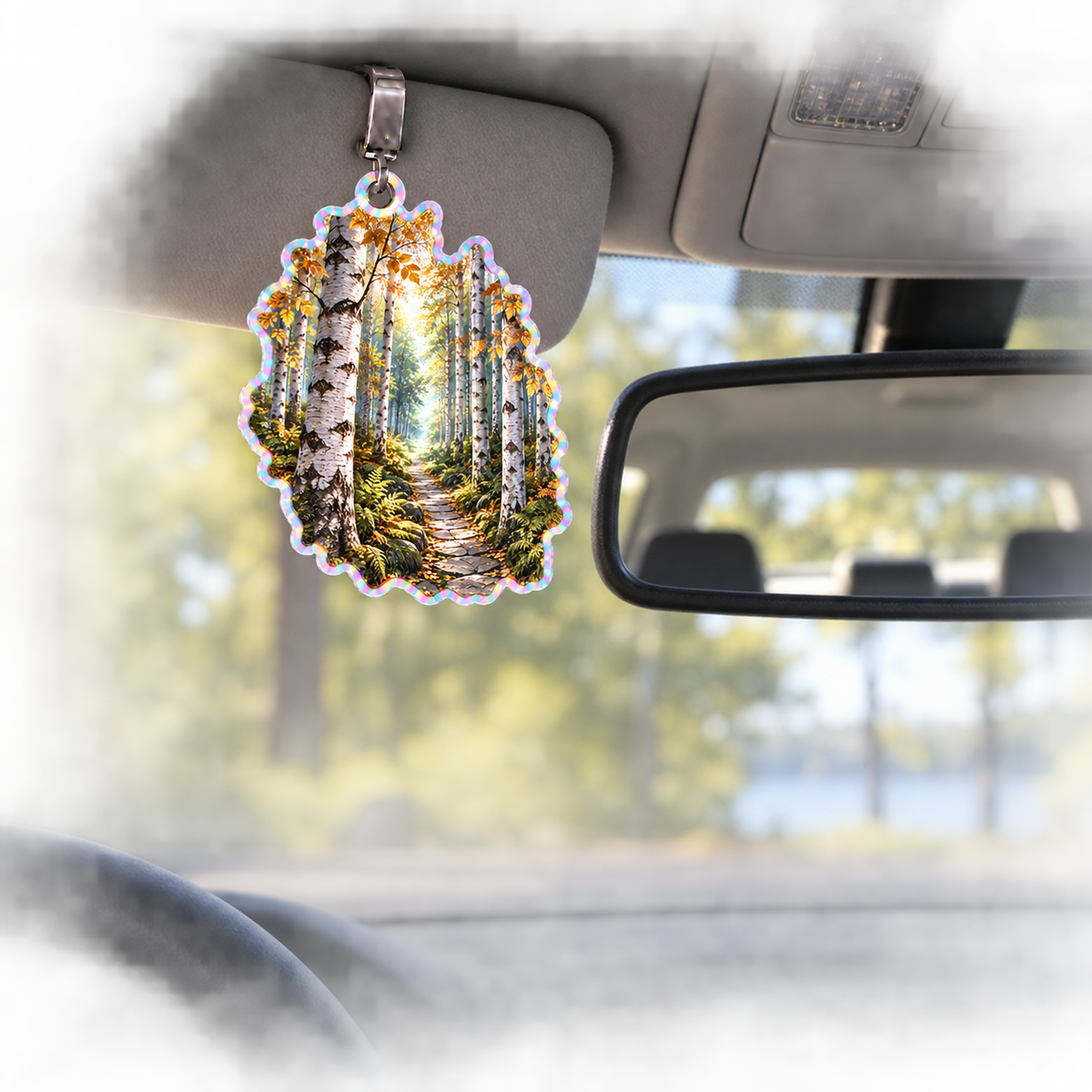Birch Grove Maker Studio Holographic Car Visor Clip with printed optical 3D artwork in its use setting