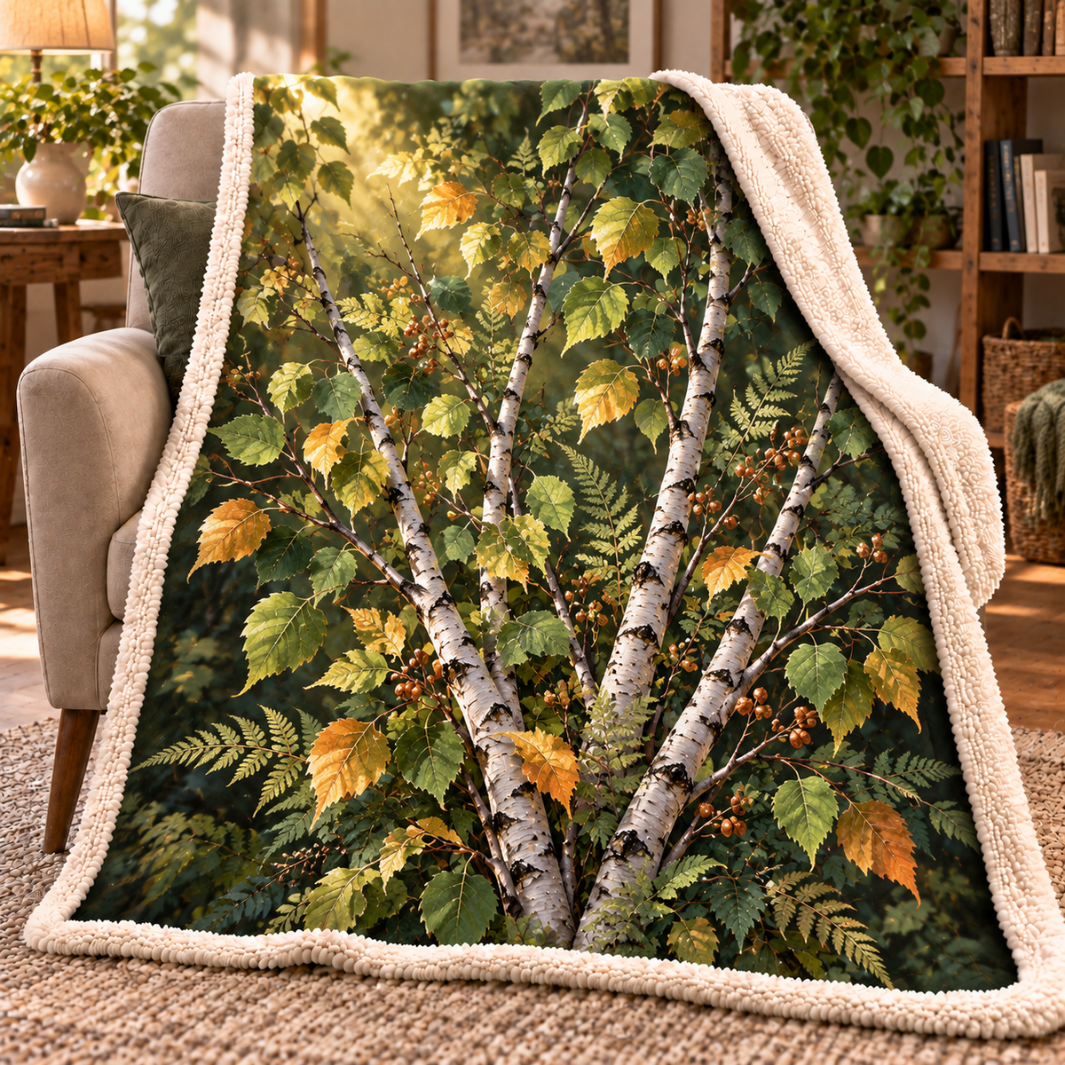 Birch Grove Host Thank You Sherpa & Fleece Blanket with printed optical 3D artwork in its use setting