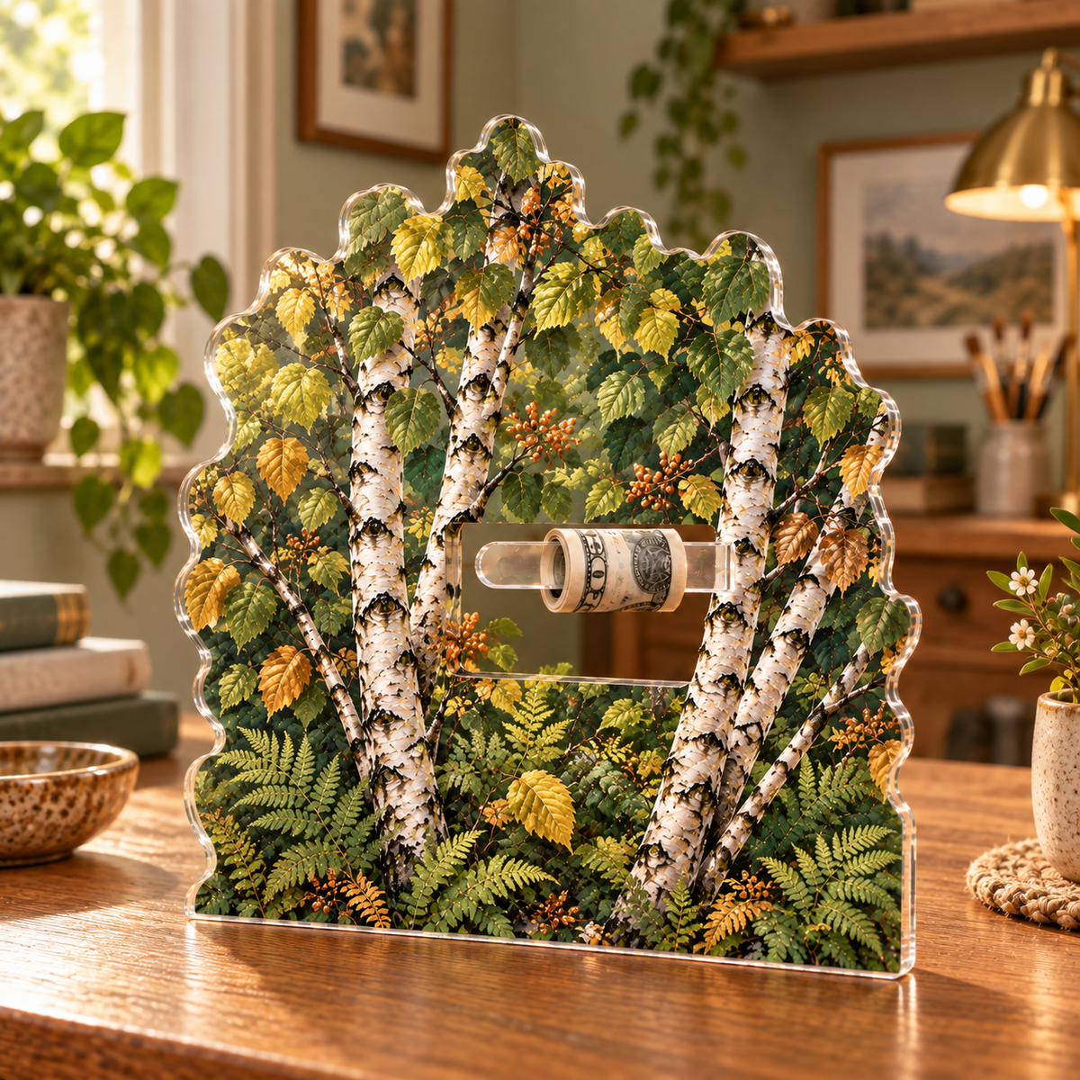 Birch Grove Host Thank You Acrylic Cash Holder Ornament with printed optical 3D artwork in its use setting