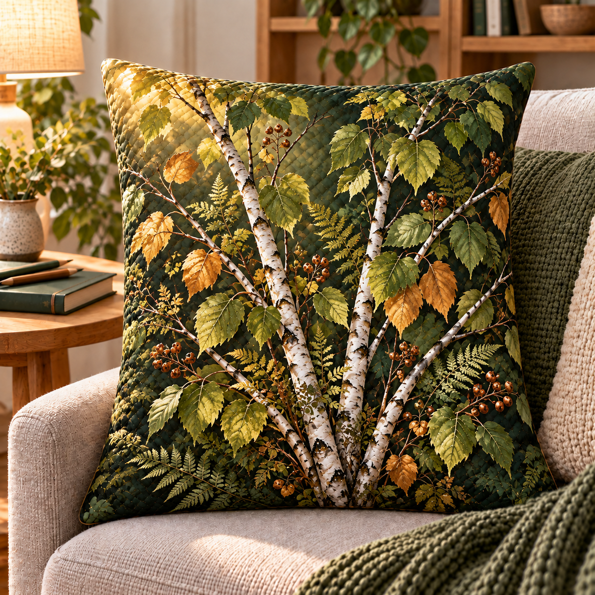 Birch Grove Host Thank You Quilted Cushion Cover with printed optical 3D artwork in its use setting