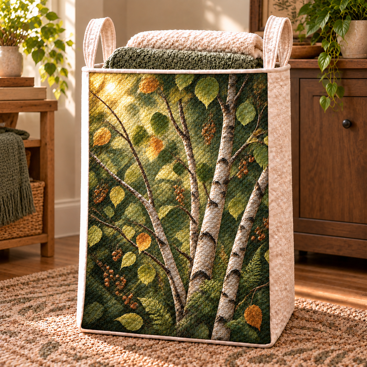 Birch Grove Host Thank You Laundry Hamper with printed optical 3D artwork in its use setting